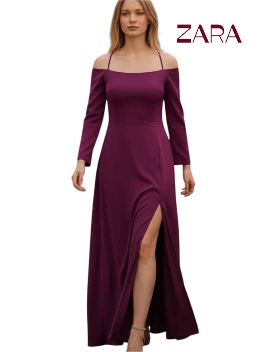 ZARA Plum Off-Shoulder Long Sleeve Slit Maxi Dress NWOT Size M